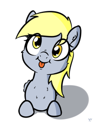 Size: 617x811 | Tagged: safe, artist:yakoshi, derpy hooves, pony, :p, chest fluff, cute, derpabetes, eye clipping through hair, female, head tilt, looking at you, mare, prone, simple background, smiling, solo, tongue out, white background