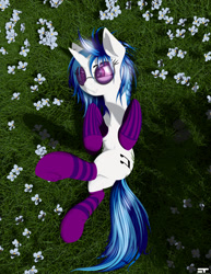 Size: 1700x2200 | Tagged: safe, alternate version, artist:styroponyworks, dj pon-3, vinyl scratch, pony, unicorn, belly button, clothes, female, flower, grass, grass field, mare, smiling, socks, solo, stockings, striped socks, sunglasses, thigh highs