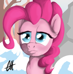 Size: 1280x1300 | Tagged: safe, artist:caliginousmane, pinkie pie, earth pony, pony, female, mare, pink coat, snow, solo