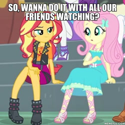 Size: 600x597 | Tagged: safe, edit, edited screencap, screencap, fluttershy, sunset shimmer, better together, equestria girls, overpowered (equestria girls), bedroom eyes, caption, female, impact font, implied exhibitionism, implied sex, innuendo, lesbian, shipping, sunshyne