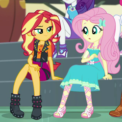 Size: 632x634 | Tagged: safe, screencap, fluttershy, rarity, sunset shimmer, better together, equestria girls, overpowered (equestria girls), cropped, geode of empathy, geode of fauna, magical geodes, offscreen character