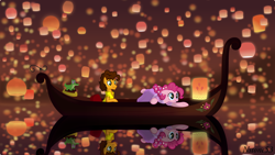 Size: 1600x900 | Tagged: safe, artist:nstone53, cheese sandwich, gummy, pinkie pie, earth pony, pony, boat, cheesepie, clothes, crossover, dress, female, gondola, i see the light, lantern, lights, male, paper lantern, rapunzel, reflection, shipping, sky lantern, straight, tangled (disney), water
