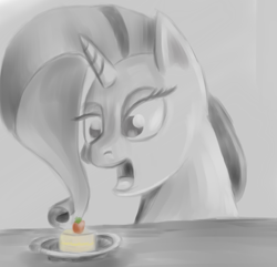 Size: 1280x1232 | Tagged: safe, artist:itsthinking, rarity, pony, unicorn, bust, cake, food, monochrome, portrait, rarity looking at food, solo