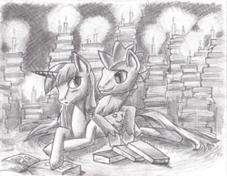 Size: 900x695 | Tagged: safe, artist:star-sketches, derpibooru import, spike, twilight sparkle, dragon, black and white, book, candle, female, grayscale, library, male, monochrome, ponified, shipping, sketch, straight, twispike