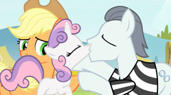 Size: 1280x714 | Tagged: safe, edit, edited screencap, screencap, applejack, silver shill, sweetie belle, earth pony, pony, crack shipping, female, kissing, male, shipping, straight, sweetieshill, voice actor joke