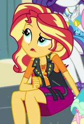 Size: 394x580 | Tagged: safe, screencap, fluttershy, rarity, sunset shimmer, better together, equestria girls, overpowered (equestria girls), cropped, geode of empathy, magical geodes, offscreen character, sitting