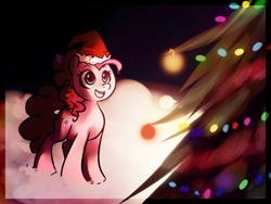 Size: 1024x768 | Tagged: safe, artist:imalou, pinkie pie, earth pony, pony, hat, snow, solo, tree