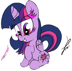 Size: 915x904 | Tagged: safe, artist:magical disaster, derpibooru import, twilight sparkle, twilight sparkle (alicorn), alicorn, pony, colored eyelashes, eyelashes, female, grin, happy, mare, raised hoof, sitting, smiling, solo