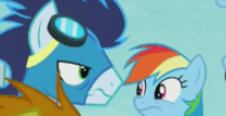 Size: 209x107 | Tagged: safe, derpibooru import, screencap, blaze, rainbow dash, soarin', wind rider, pegasus, pony, rarity investigates, cropped, faic, soarin' is not amused