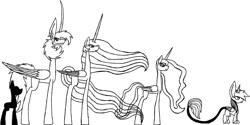 Size: 2000x1000 | Tagged: safe, artist:carnivore-alicorn, princess celestia, princess luna, oc, oc:lightning bliss, alicorn, pony, alicorn oc, black and white, grayscale, long neck, monochrome, sisters, size chart, size comparison, size difference