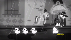 Size: 1920x1080 | Tagged: safe, derpibooru import, screencap, rainbow dash, rarity, duck, pegasus, pony, unicorn, rarity investigates, duckling, noir, rain, umbrella, visual gag, wet mane