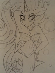Size: 1024x1359 | Tagged: safe, artist:katkathasahathat, rarity, anthro, mermaid, merpony, scare master, arm behind head, armpits, belly button, blushing, breasts, bubble, cleavage, clothes, costume, duckface, ear piercing, earring, female, flirty, hand on hip, jewelry, mermarity, midriff, monochrome, necklace, nightmare night costume, piercing, raritits, shell bra, sketch, solo, traditional art, underwater