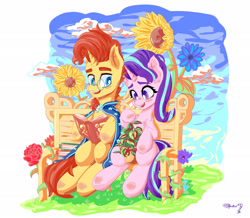 Size: 2500x2181 | Tagged: safe, artist:velcius, phyllis, starlight glimmer, sunburst, pony, unicorn, bench, book, cloud, ear fluff, female, flower, high res, leg fluff, male, mare, open mouth, potted plant, sitting, sky, stallion, sunflower