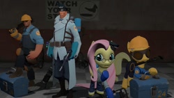 Size: 1024x578 | Tagged: safe, artist:dell-conagher97, applejack, fluttershy, earth pony, pegasus, pony, 3d, crossover, engiejack, engineer, fluttermedic, gmod, medic, team fortress 2