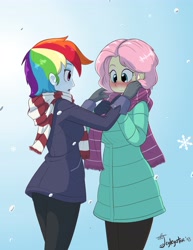 Size: 3169x4096 | Tagged: safe, artist:jeglegator, derpibooru import, fluttershy, rainbow dash, human, equestria girls, blushing, clothes, female, flutterdash, gloves, jacket, lesbian, looking at each other, scarf, shipping, snow