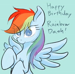 Size: 1774x1770 | Tagged: safe, artist:noupu, derpibooru import, rainbow dash, pegasus, pony, blue background, female, happy birthday, mare, simple background, solo, wrong eye color