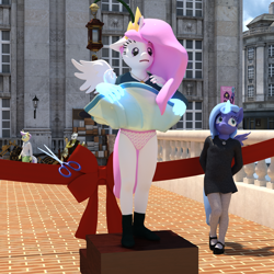 Size: 2500x2500 | Tagged: safe, artist:tahublade7, princess celestia, princess luna, anthro, plantigrade anthro, 3d, assisted exposure, cewestia, clothes, cute, daz studio, dress, dress lift, embarrassed, embarrassed underwear exposure, female, filly, magic, magic abuse, mary janes, panties, pantyhose, pink-mane celestia, polka dot underwear, public humiliation, scissors, sisters, skirt, skirt lift, story included, this will end in tears and/or a journey to the moon, trolluna, underwear, upskirt, white underwear, woona, younger