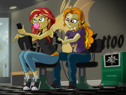 Size: 3490x2659 | Tagged: safe, artist:oinktweetstudios, adagio dazzle, sunset shimmer, equestria girls, rainbow rocks, bubblegum, clothes, converse, female, food, gum, shoes, sitting, sneakers, tattoo