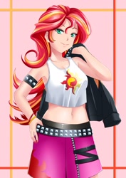 Size: 1681x2378 | Tagged: safe, artist:meielf, sunset shimmer, human, equestria girls, beautiful, belly button, clothes, cute, female, jacket, leather jacket, looking at you, midriff, miniskirt, pixiv, shimmerbetes, skirt, solo