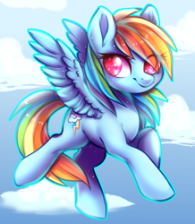Size: 700x802 | Tagged: safe, artist:cabbage-arts, derpibooru import, rainbow dash, pegasus, pony, chibi, cloud, colored pupils, cute, dashabetes, eye clipping through hair, female, flying, mare, sky, smiling, solo, spread wings, wings