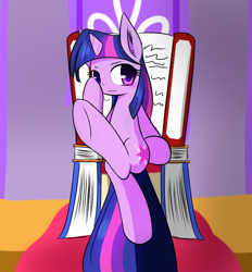 Size: 652x702 | Tagged: safe, artist:ranban, derpibooru import, twilight sparkle, unicorn twilight, pony, unicorn, book, book throne, crossed legs, female, mare, solo, throne, throne slouch, underhoof