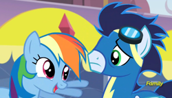 Size: 1258x718 | Tagged: safe, derpibooru import, screencap, rainbow dash, soarin', pegasus, pony, rarity investigates