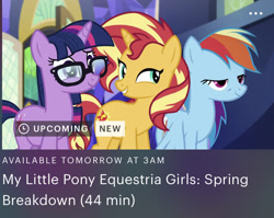 Size: 633x503 | Tagged: safe, screencap, rainbow dash, sci-twi, sunset shimmer, twilight sparkle, pegasus, pony, unicorn, better together, equestria girls, spring breakdown, equestria girls ponified, female, glasses, twilight's castle, unicorn sci-twi