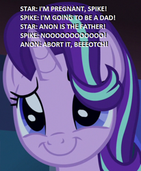 Size: 522x632 | Tagged: safe, edit, edited screencap, screencap, starlight glimmer, pony, unicorn, season 7, uncommon bond, caption, cropped, female, image macro, implied spike, mare, smiling, solo, text, vulgar