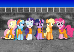 Size: 3596x2550 | Tagged: safe, artist:spellboundcanvas, derpibooru import, applejack, fluttershy, pinkie pie, rainbow dash, rarity, twilight sparkle, earth pony, pegasus, pony, unicorn, abuse, bound wings, clothes, crying, horn cap, magic suppression, mane six, prison, prison outfit, prisoner, prisoner rd, prisoner ts, smiling, twilybuse, unamused, varying degrees of want