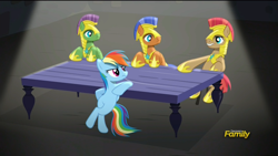 Size: 1920x1080 | Tagged: safe, derpibooru import, screencap, rainbow dash, spearhead, pegasus, pony, rarity investigates, lighting, male, royal guard, shading, stallion, table, unnamed pony