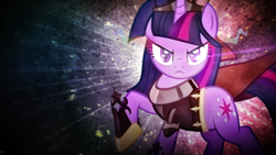 Size: 1920x1080 | Tagged: safe, artist:karl97, artist:zelc-face, derpibooru import, twilight sparkle, pony, armor, cape, clothes, corrupted, crown, female, glowing eyes, lens flare, shoes, solo, vector, wallpaper