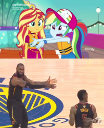 Size: 1200x1475 | Tagged: safe, screencap, rainbow dash, sunset shimmer, human, better together, equestria girls, spring breakdown, basketball, boat, cleveland cavaliers, comparison, golden state warriors, hat, jr smith, lebron james, lifejacket, meme, nba, nba finals, sports