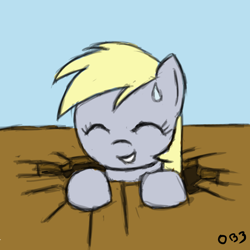 Size: 1000x1000 | Tagged: safe, artist:mmtob3, derpy hooves, pony, the last roundup, cute, derp, derpabetes, eyes closed, female, hole, mare, smiling, solo, sweat, sweatdrop