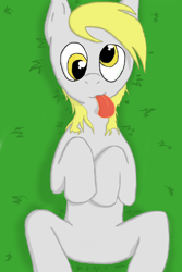 Size: 1000x1500 | Tagged: safe, artist:theguythataidspeople, derpy hooves, pegasus, pony, female, grass, mare, on back, tongue out, wingless