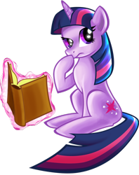 Size: 900x1138 | Tagged: safe, artist:shadow-rhapsody, derpibooru import, twilight sparkle, pony, unicorn, book, female, magic, mare, raised eyebrow, raised hoof, simple background, sitting, solo, telekinesis, thinking, transparent background