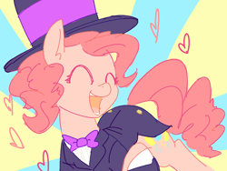 Size: 1000x750 | Tagged: safe, artist:nobody, pinkie pie, pony, bowtie, clothes, cute, diapinkes, eyes closed, hat, heart, open mouth, solo, sunburst background, top hat, tuxedo