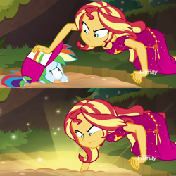 Size: 1080x1080 | Tagged: safe, screencap, rainbow dash, sunset shimmer, better together, equestria girls, spring breakdown, clothes, dress, eye contact, frown, geode of empathy, glare, glow, gritted teeth, hat, looking at each other, magical geodes, meme, meme origin, out of context, pushing, quicksand, quicksand meme, scared, sparkles, wat, wide eyes