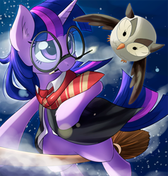 Size: 600x630 | Tagged: safe, artist:aymint, derpibooru import, owlowiscious, twilight sparkle, broom, ear fluff, flying, flying broomstick, glasses, harry potter, mouth hold, necktie, parody, wand