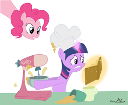 Size: 4506x3700 | Tagged: safe, artist:comicguy89, derpibooru import, pinkie pie, twilight sparkle, earth pony, pony, baking, book, chef's hat, hat