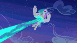 Size: 960x540 | Tagged: safe, edit, edited screencap, screencap, princess celestia, alicorn, pony, princess twilight sparkle (episode), animated, implied nightmare moon, laser, loop, nose in the air, reversed, solo, volumetric mouth