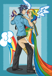 Size: 2175x3143 | Tagged: safe, artist:happymango101, derpibooru import, rainbow dash, soarin', human, clothes, dancing, dress, female, gala dress, high res, humanized, male, shipping, soarindash, straight, uniform, wonderbolts dress uniform