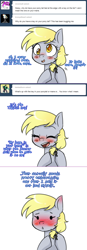 Size: 780x2254 | Tagged: safe, artist:jitterbugjive, derpy hooves, doctor whooves, pegasus, pony, alternate hairstyle, ask, blushing, blushing profusely, female, implied doctorderpy, implied shipping, implied straight, key, lovestruck derpy, mare, solo, tumblr