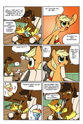 Size: 1024x1536 | Tagged: safe, artist:leon-z, derpibooru import, applejack, rainbow dash, oc, oc:bee broom, oc:saguaro root, earth pony, pegasus, pony, comic:appledash sour sweetness, appledash, comic, female, gay, lesbian, male, noodle incident, shipping, tickling