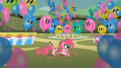 Size: 1366x768 | Tagged: safe, screencap, pinkie pie, earth pony, pony, the return of harmony, balloon, mud, solo