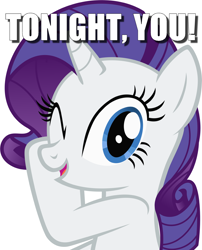 Size: 1600x1984 | Tagged: safe, rarity, pony, unicorn, caption, image macro, looking at you, meme, one eye closed, open mouth, simple background, smiling, solo, tonight you, whispering, white background, wink