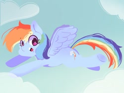 Size: 1012x759 | Tagged: safe, artist:koto, derpibooru import, rainbow dash, pegasus, pony, backwards cutie mark, cloud, cute, dashabetes, female, flying, looking at you, mare, pixiv, smiling, solo