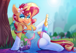 Size: 5803x4044 | Tagged: safe, artist:drizziedoodles, artist:zombie, sunset shimmer, pony, semi-anthro, unicorn, collaboration, blanket, bow, champagne, clothes, dress, eyeshadow, female, flower, flower in hair, garter belt, glass, grass, human shoulders, lens flare, looking at you, makeup, mare, shade, smiling, socks, solo, spring, stockings, thigh highs, tree