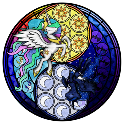 Size: 3600x3600 | Tagged: safe, artist:akili-amethyst, princess celestia, princess luna, alicorn, pony, dive to the heart, kingdom hearts, stained glass