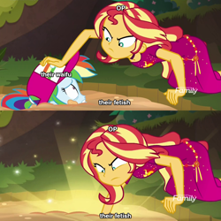 Size: 1080x1080 | Tagged: safe, edit, edited screencap, screencap, rainbow dash, sunset shimmer, better together, equestria girls, spring breakdown, caption, exploitable meme, geode of empathy, image macro, magical geodes, meme, meta, pushing, quicksand, quicksand meme, text, truth