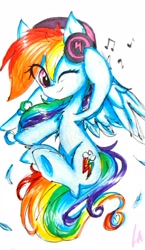 Size: 2067x3555 | Tagged: safe, artist:liaaqila, derpibooru import, rainbow dash, pegasus, pony, cute, headphones, hooves, music notes, one eye closed, raised hoof, raised leg, simple background, smiling, solo, traditional art, underhoof, white background